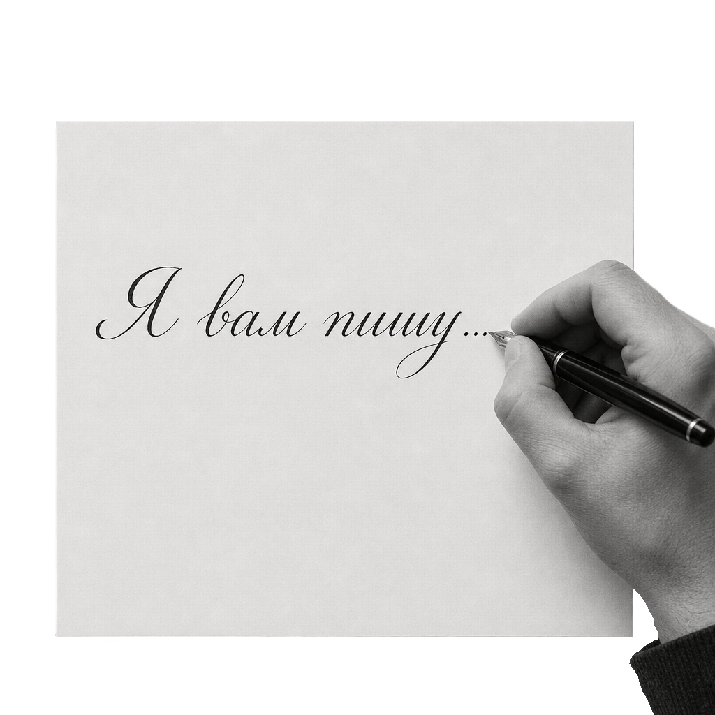 Рука пишет на листе: Я вам пишу ...