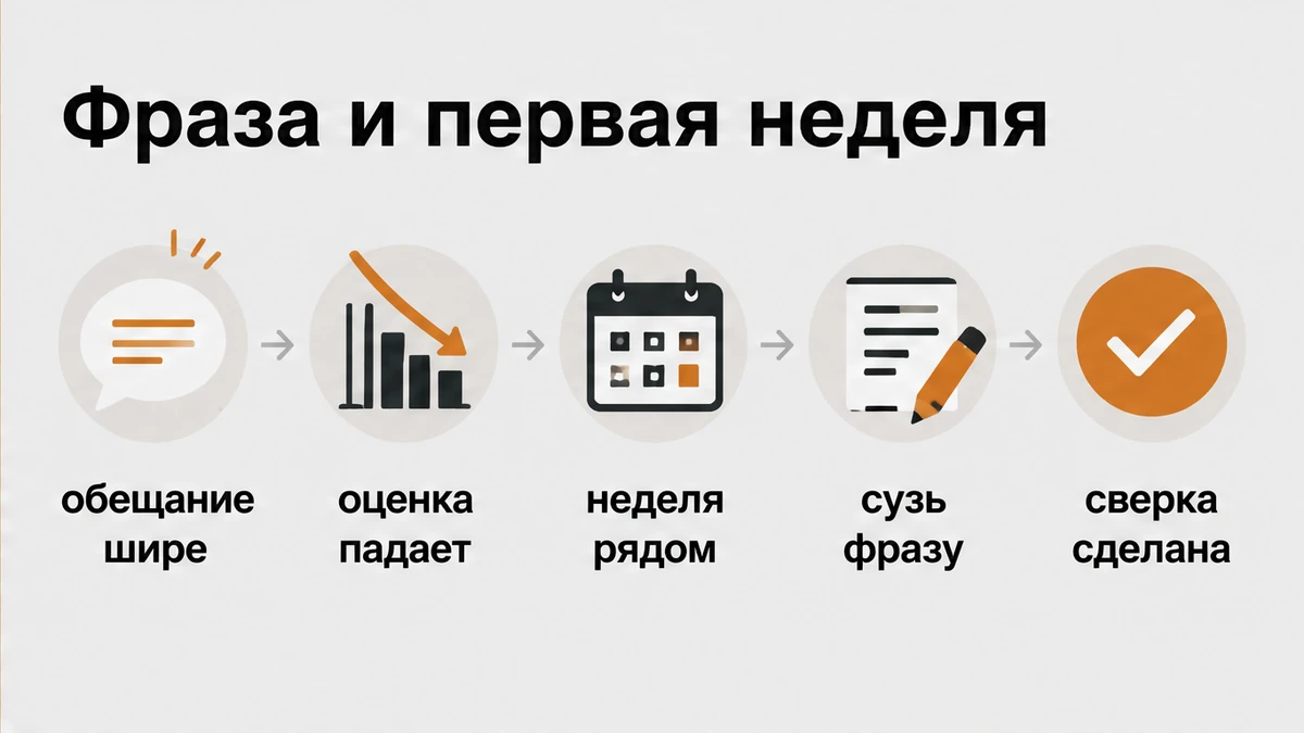 Сравнение обещания шире сдачи и сужения фразы до проверки первой недели